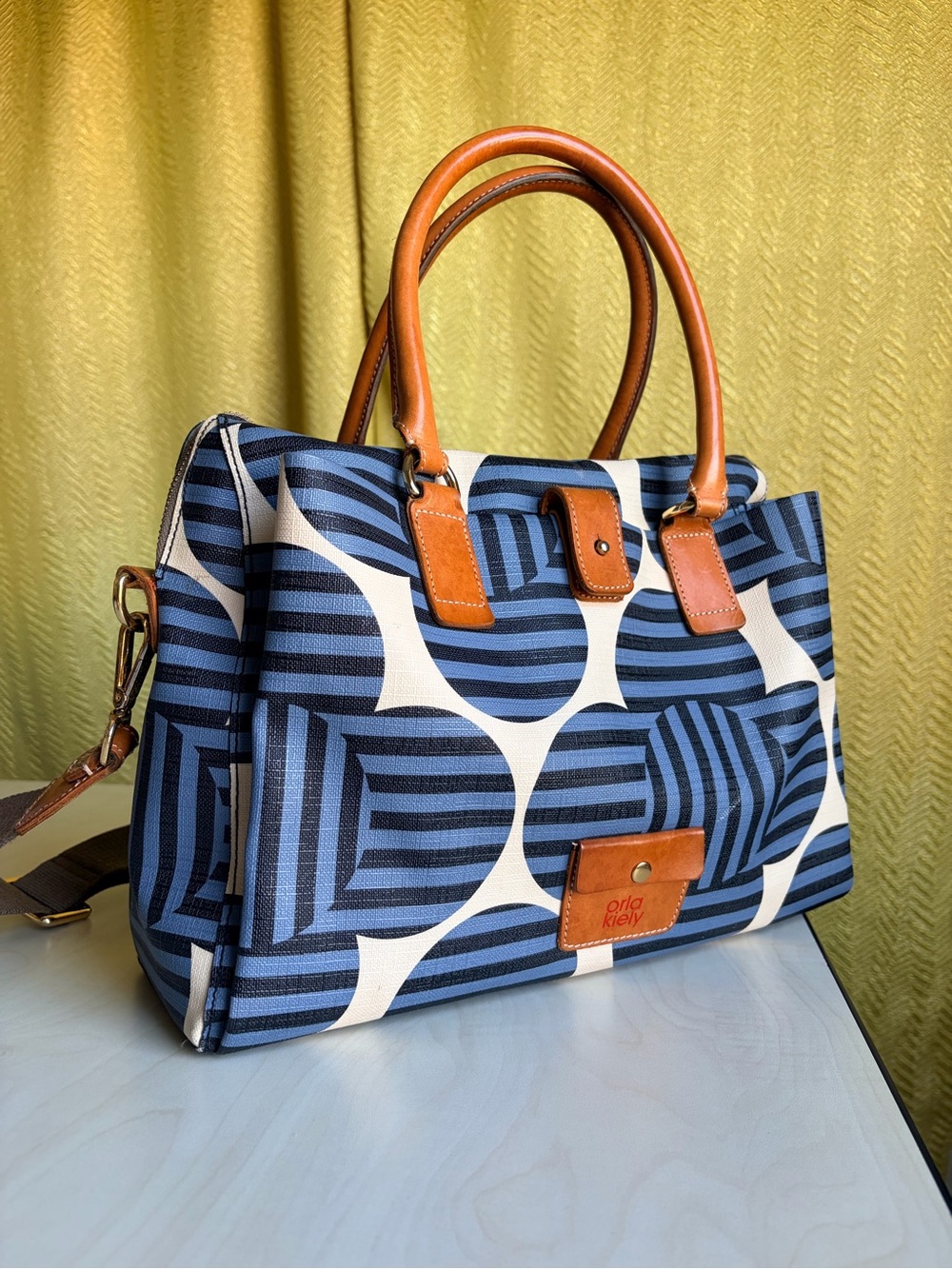 Orla Kiely Blue and Cream Graphic Print Satchel with Tan Trim